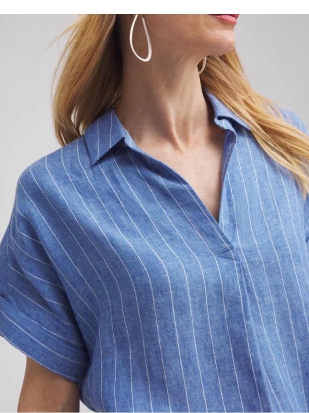 CHICO’S Linen Oversized Stripe Top | Blue | Medium (10)(Chico’s Size 1.5)